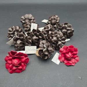 Juliska Leather Flower Napkin Rings Set of 12 Brown Red Jute Wrapped Rustic New